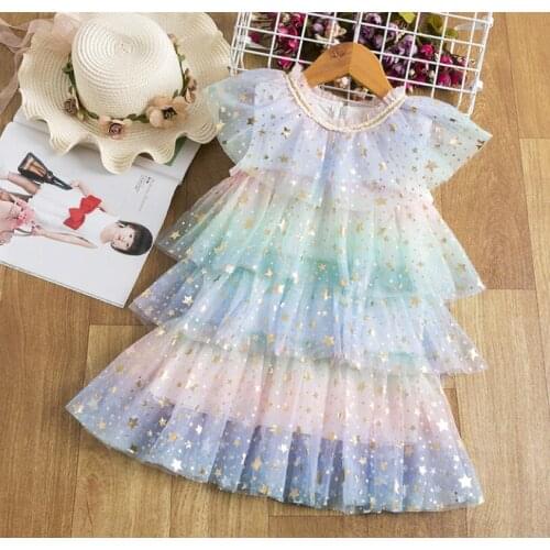 Retail New 2021 Summer Baby Girls Sparkle Star Cake Dress , Girls Princess Sweet Clothes 3-7T