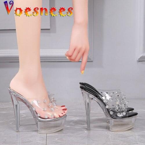 Voesnees Crystal Womens Sandals Ladies Simple Transparent Fruit Color Sexy Elegant Rivet Super14cm High Heels Platfrom Slippers