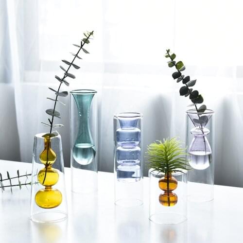 Glass Flower Vase Crystal Ball Transparent Double-Layer Stained Hydroponic Colourful Aquaculture Bottle Home Decoration Ornament
