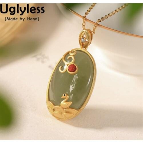 Uglyless Romantic Swan Lake Miss Swans Pendants for Women Natural Jade Elegant Dress Jewelry 925 Silver Agate Jewelry + Chain