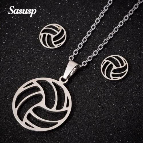 Sasusp Steel and Gold Color Jewelry Sets Stainless Volleyball Stud Earrings and Chain Necklace Set For Women and Kids Gift