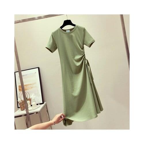 2019 new Korean version of avocado green female summer waist was thin drawstring matcha green popular t-shirt skirt A345