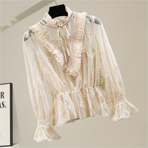 Fashion Lace Shirt for Lady New Ruffled Stand-up Collar Waist-Tight Slim Blouse Womens Cloth Elegant Top Blusa Women Blouses