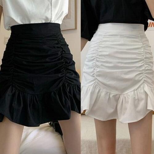 Women Summer High Waist Ruched Ruffles Hem Slim Mini A-Line Skirt Harajuku Solid Color Sexy Package Hip Party Streetwear