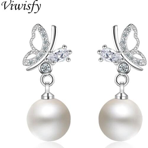 Viwisfy Pearl Real 925 Sterling Silver Earrings For Women Cute Butterfly Studs Earring Vintage Crystal Stud Earrings VW21044