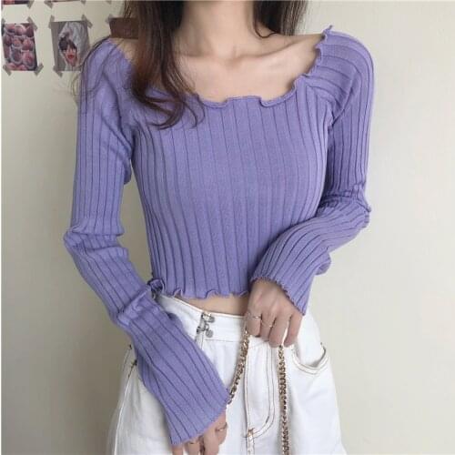 Spring Autumn Womens Tops Korean Style Solid Color Square Neck Long-sleeved Sweater New Slimming Short Knitted Shirt LL552