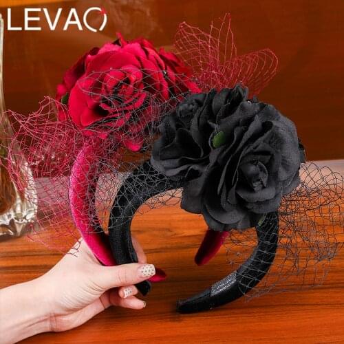 Levao Winter Sponge Headband Mesh Flower Velvet Hair Hoop for Women Hair Bands Bezel Halloween Gothic Hairband Hair Accessories
