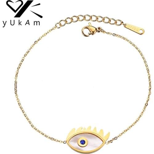 YUKAM Jewelry Simple Gold Color Evil Eye Thin Chain Bracelet for Women Adjustable Stainless Steel Turkey Evil Blue Eye Bracelets