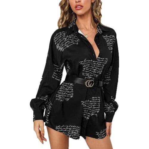 S-3XL Plus Size Letter Print Blouse Dresses for Women Long Sleeve Turn Down Collar Shirt Dress Simple Buttons Up Short Dress