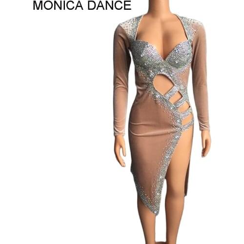 Women Sexy Stage Silver Stones Black Skin Color Dress Outfit Stage Wear Sparkly Rhinestones Costume Birthday Prom Stretch Dress