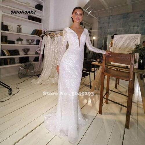 Shine Mermaid Wedding Dress Long Sleeves Illusion V-Neck Bodice Princess Bridal Gown Glitter Robe Mariage Vestido De Novia 2021