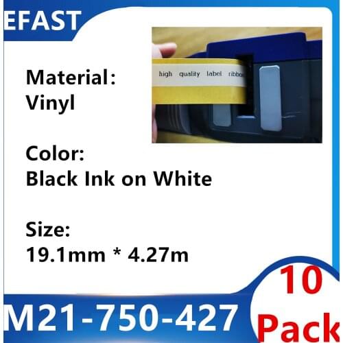 10 Pack bmp21 M21 750 427 Vinyl maker Label Ribbon Black On White BMP21 PLUS Printer Black On White M21-750-427 19.1mm * 4.27m