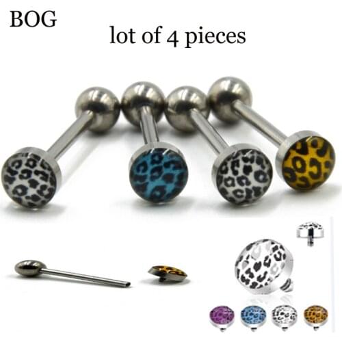 4PCS Surgical Steel Screw Fit Internally Thread Leopard Logo Tongue Barbell Ring Studs Bars Piercing Body Jewelry 14g