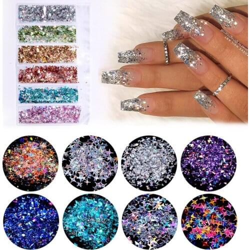 6 Bags/1 Set Nail Sequins Aurora AB Mermaid Nail Flakes Stunning Pailliette Heart/Butterfly Spring Sticker Decoration Tips