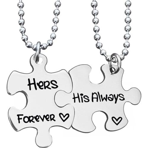 Valentines Day Stainless Steel Couple Necklace Hers Forever His Always Puzzle Pendant Keychain