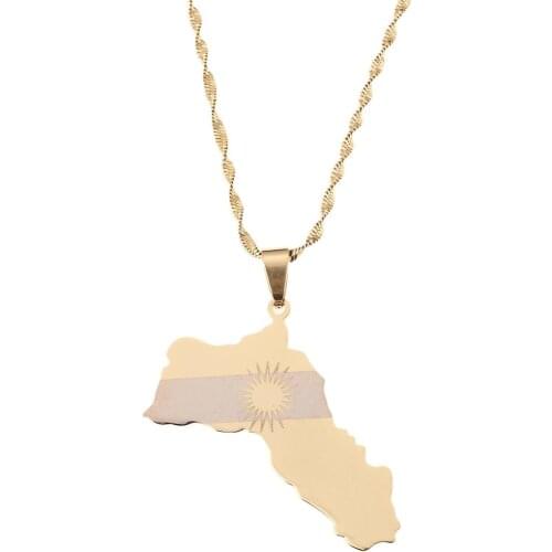 Stainless Steel Gold Color Kurdistan Map Pendant Necklaces Kurdish Flag Map Chain Jewelry