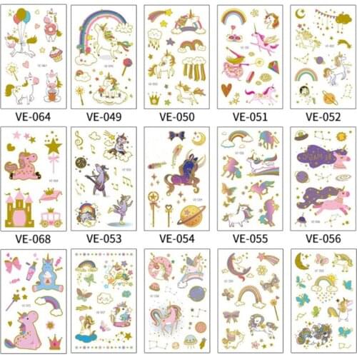 Color Gold Unicorn Tattoo Face Body Temporary Tattoo Sticker for Kids Children Cute Tattoo Fake Tattoos Body Makeup Waterproof
