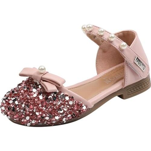 Kids Girls Princess Glitter Bowtie Sandals 2021 New Design Kids Fashion Breathable Round Toe Sandals Students Pearls Shoes