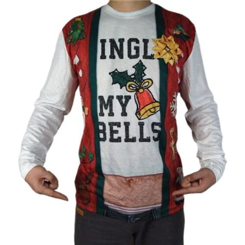 Tacky Jingle My Bells Ugly Christmas T Shirt for Men Offensive Mens Dirty Santa 3D Fake Cardigan Print Ugly Xmas Pullover Tee
