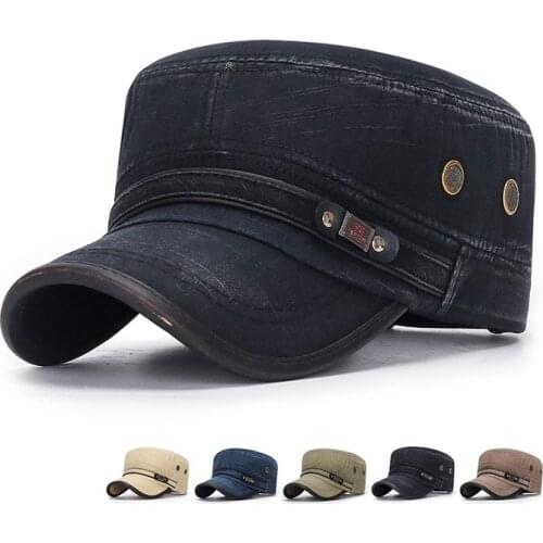 Classic Vintage Military Caps Washed Cotton Flat Top Hats Mens Adjustable Thicker Cap Winter Warm Hat Sunshade Ear Caps 2021