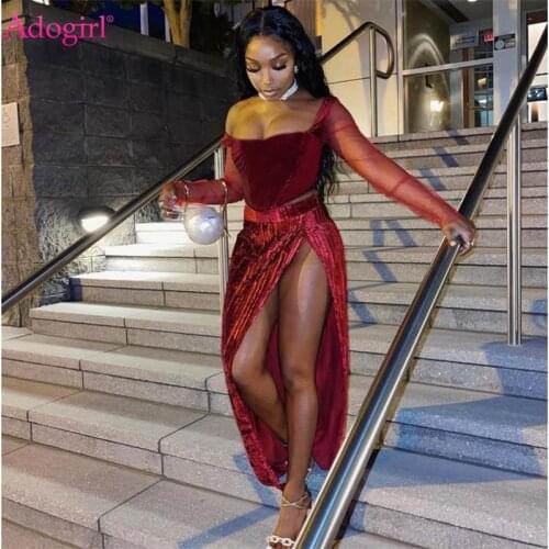 Adogirl Two Piece Velvet Party Dress Sets Claret Elegant Women Sexy Sheer Mesh Patchwork Corset Top High Split Pleated Skirts