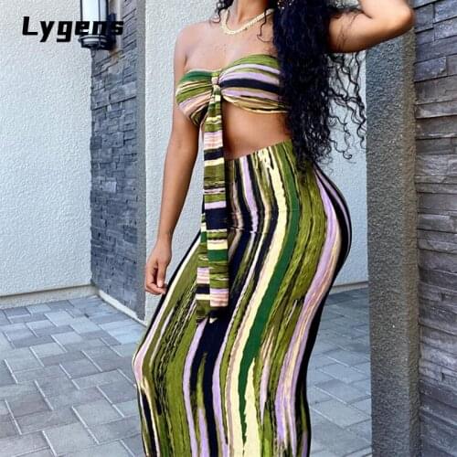 Lygens 2021 Summer Tie Dye Print Women 2 Pieces Lace Up Bandage Crop Top Skirt Set Bodycon Sexy Streetwear Party Club Outfits