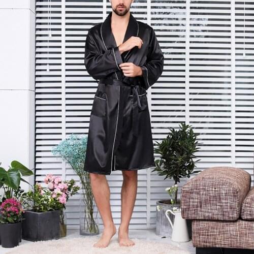 Men Summer Imitation Silk with Pockets Waist Belt Bath Robe Home Gown Sleepwear