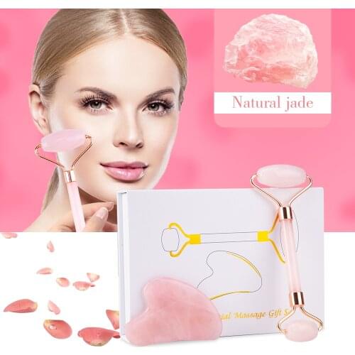Boxed Quartz Jade Roller Massager Pink For Face Body Anti-aging Natural Stone Guasha Scraper Set Beauty Facial Lifting Tool