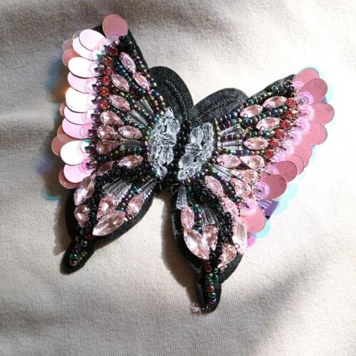 Pink butterfly beaded patches for clothing sequin animals Rhinestone appliques Sequins parche DIY sew on embroidery parches