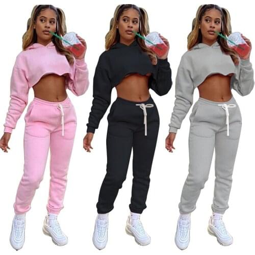 Solid Tracksuit Women Two Piece Set Autumn Clothes Hooded Pullover Hooded Sweatshirt Crop Top and Long Pants Suit Casual Outfits