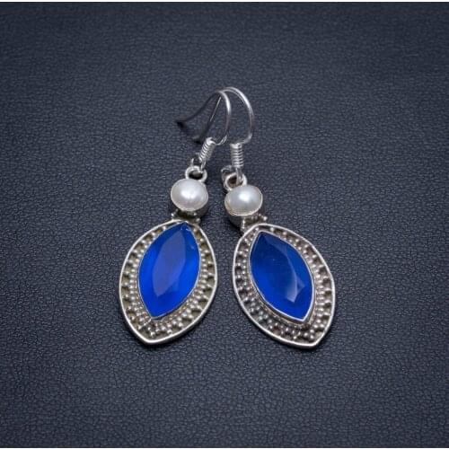 Natural Iolite and River Pearl Handmade Boho 925 Sterling Silver Earrings 1 3/4" S1509