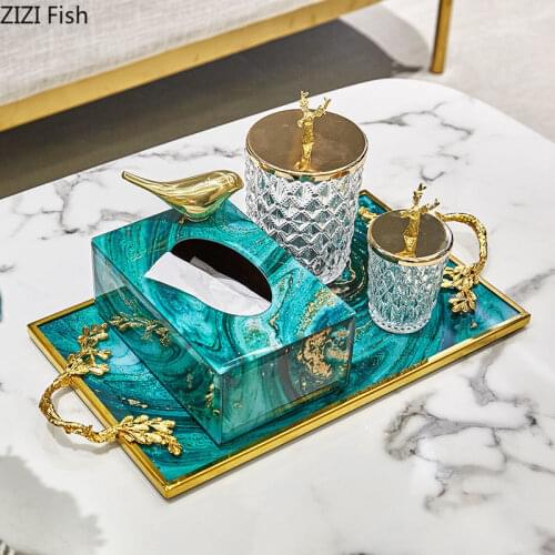 Modern Luxury Green Agate Pattern Flow Gold Tissue Box Tray Storage Jar Set Living Room Decoration Brass Animal Home Decoration