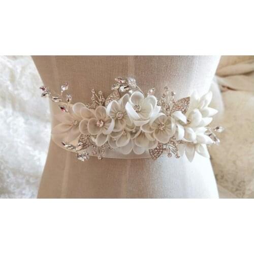 Rhinestone Crystal Applique With 3D Flower For Bridal Accessories Wedding Dress Sash Haute Couture Costume Embellishment 2 Color