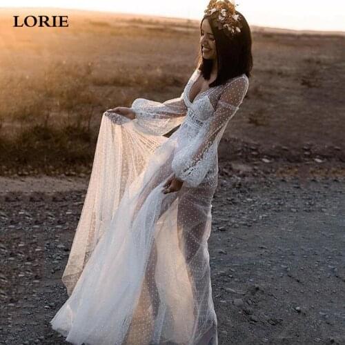 LORIE Boho Wedding Dresses V-Neck DotsTulle Long Puff Sleeve Bridal Dress Bestidos De Novia Wedding Party Gowns