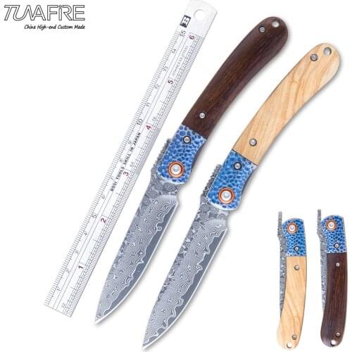 Tunafire Damascus Pocket Knife Hot Sale Outdoor Survival Knives High-end Wood Handle Stainless Steel Camping Tactical EDC Tools