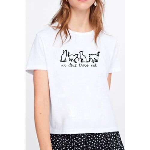 Un Deux Trois Cat Printed Short Sleeve Cotton T Shirt Women O-neck Funny T Shirt Women Black & White Casual Tee Shirt Femme
