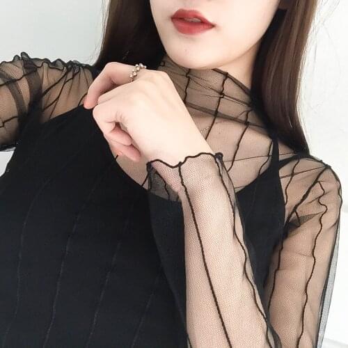 T Shirt Women 2021 Fashion Sexy Womens Black Long Sleeve Mesh Shirt See Through Blouses Sexy Tops Goth Party Funny T Shirts