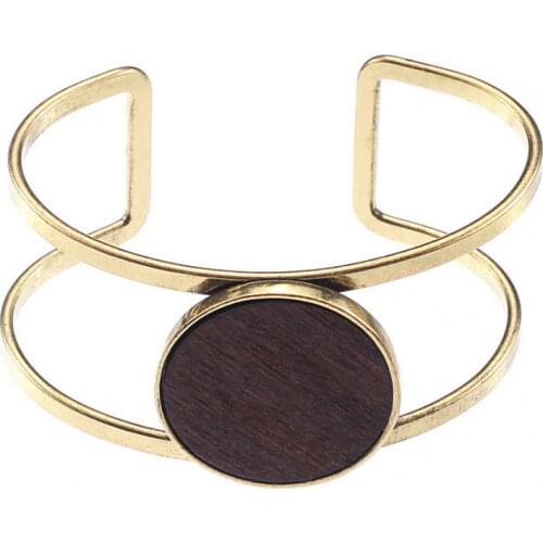 Round Wood Disc Charm Open Cuff Bangles for Women Fashion Simple Metal Wooden Bracelets Boutique Jewelry