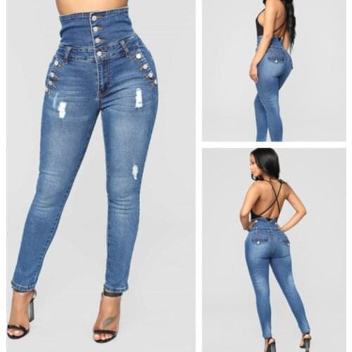 3XL Plus Size 2021 Spring Autumn Women Fashion High Waist Waist Slim Button Denim Jeans Hole Pocket Skinny Pencil Pants Trousers