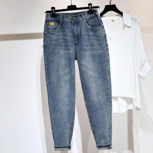 Large Size 5XL Blue Jeans Womens Loose Denim Pants Were Thin High Waist Elastic Waist Cowboy Harem Pants ZipperTide