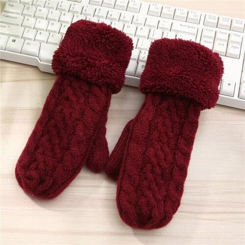 Ladies Fashion Knit Mittens Winter Female Plus Velvet Thickening Warm Full Finger Solid Thermal Cycling Golves