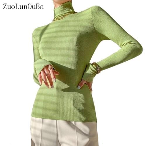 Fashion Spring Autumn Ladies Sweater Fruit Green Long Sleeve Knitted Sweater Women Slim Temperament Turtleneck Pullover Tops