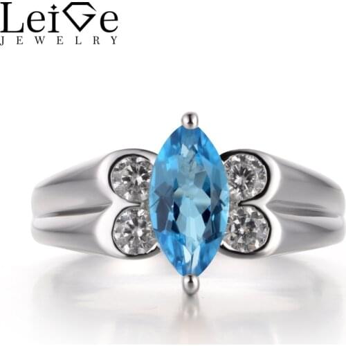 Leige Jewelry Swiss Blue Topaz Ring 925 Sterling Silver Marquise Cut Gem Romantic Wedding Bezel Setting Engagement Ring Gifts
