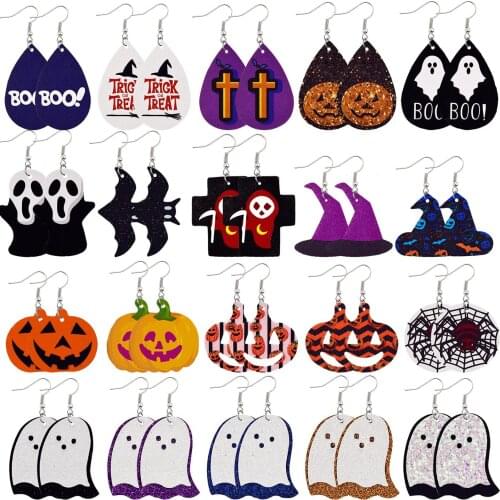 1 Pair Halloween PU Leather Earrings Cartoon Ghost Pumpkin Drop Earring For Women Girls Cute Earring Jewelry Accessories Gift