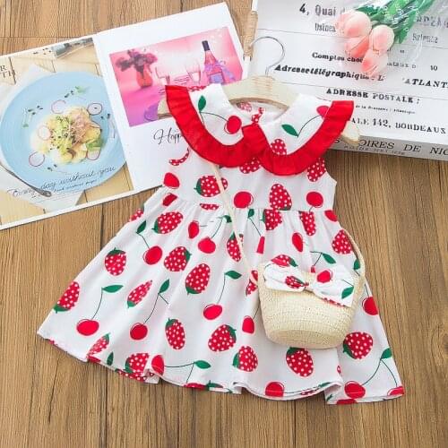 2021 Sweet Summer Kids Dresses for Girls 2 Pcs Sets Strawberry Print Peter Pan Collar Sleeveless Girls Dress Kids Clothes 0-4Y