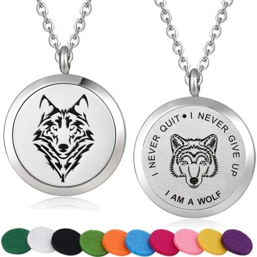 30mm Stainless Steel Wolf Design Perfume Locket Aroma Therapy Aromatherapy Essential Oil Diffuser Pendant Necklace