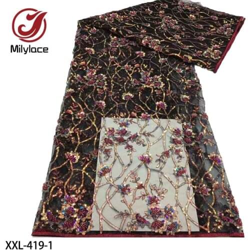 African Lace Fabric Tulle Lace Fabric Embroidery Tube Beads Lace Fabric with Sequins for Wedding Dress XXL-419