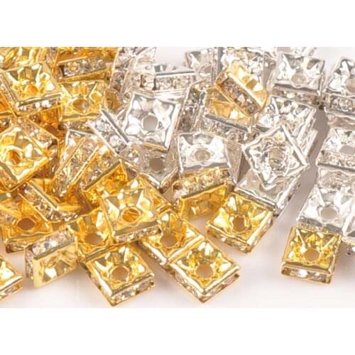 AAA Gold And silvery Crystal Rhinestone square Spacer Beads For Jewelry Handmade 100Pcs 8mm YKL0700-8