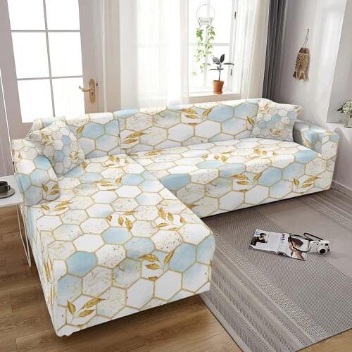 L Shape Sofa Cover For Living Room All-Inclusive Wrap Elastic Slipcover Corner Sofa Spandex Couch Cover Set Geometric Marble