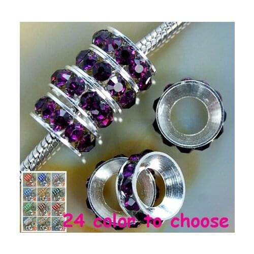 Rdfg32 12mm Deep Purple Rhinestone Crystal Rondelle Spacer Beads Lot,Rhodium Plated Big Hole European Beads